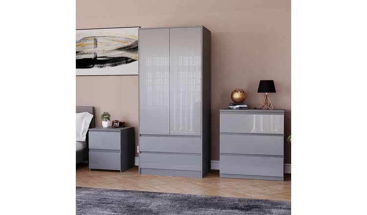Vida Designs Glinton Bedroom Set (Bedside, 3 Drawer Chest, 2x2 Wardrobe) - Grey
