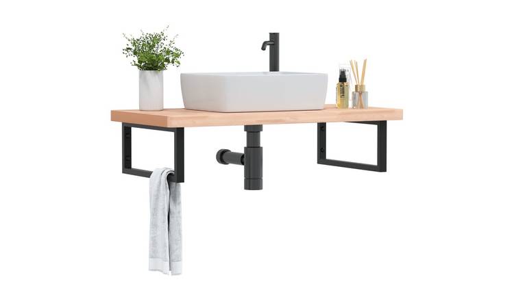 Walplus Solid Beech Wood Basin Shelf Wall Mounted - Black - 100 x 50 x 4 cm