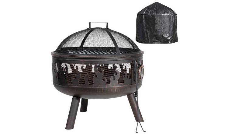 Dellonda Deluxe 2-in-1 Fire Pit, Safety Screen, Poker & Cover - Black