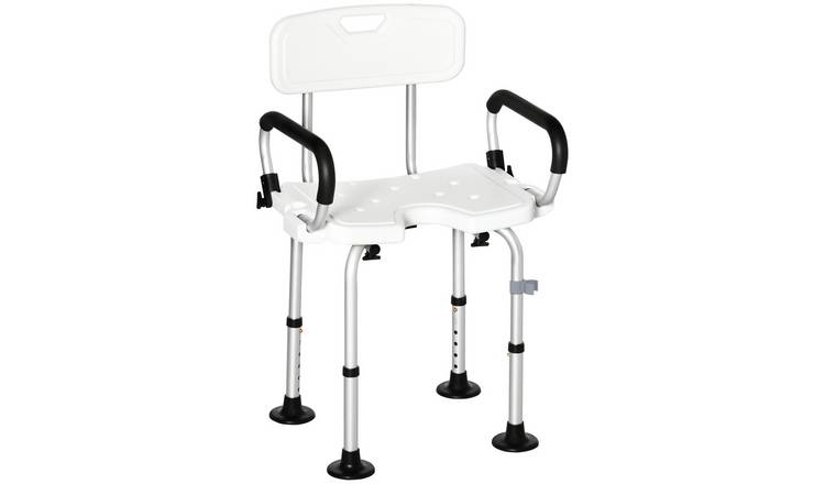 HOMCOM Height Adjustable Shower Chair with Back and Flipped Padded Arms - White