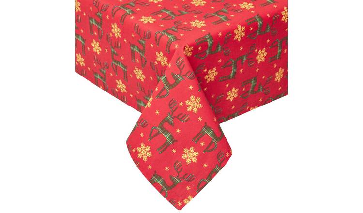 Homescapes Cotton Christmas Reindeer Tablecloth - 178 x 305 cm - Red