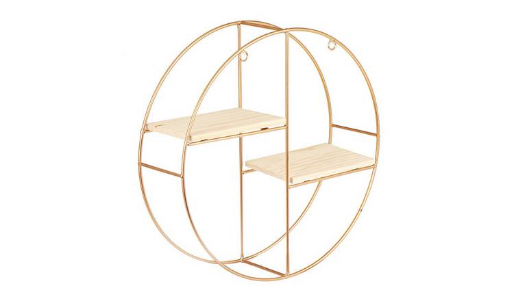 Living and Home Metal & Wood Round Wall Hanging Shelf - Gold