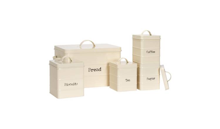 Harbour Housewares 5 Piece Vintage Metal Kitchen Canisters Set - Cream