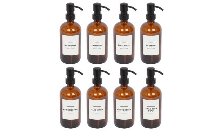 Harbour Housewares Soap Dispensers with Labels  - Amber/White - Set of 8