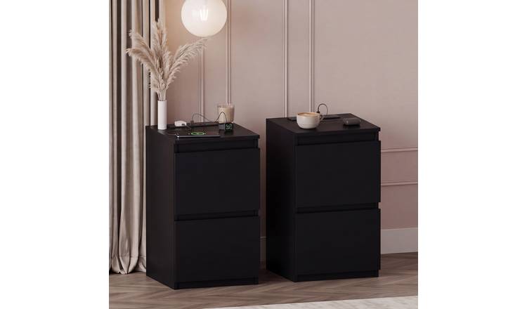 Vida Designs Denver 2 Drawer Bedside Chest With Power Outlet Set of 2 - Black