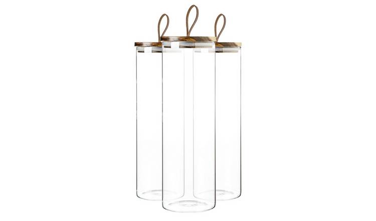 Argon Tableware Glass Storage Jars with Leather Loop Lids - Set of 3