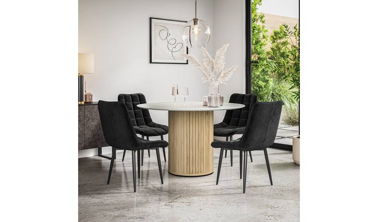 Furniture Online Arlo Nova Marble Top w Oak Legs Dining Table & 6 Black Chairs