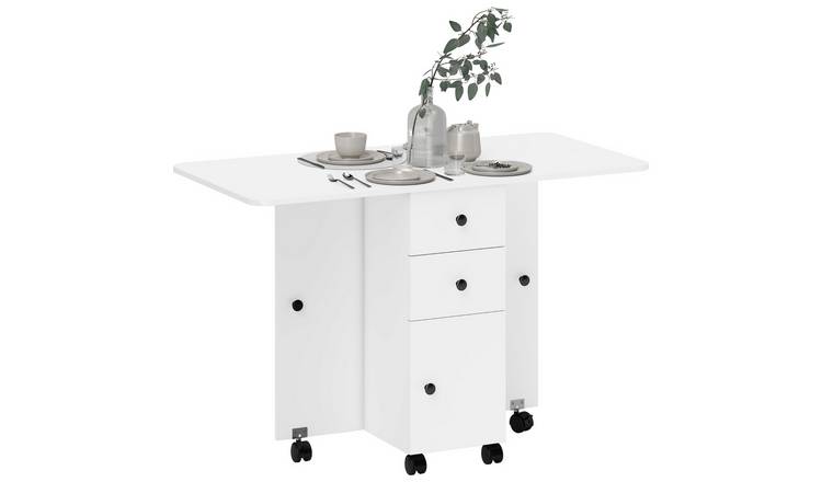 HOMCOM Rolling Drop Leaf Table on Wheels with Drawers - White