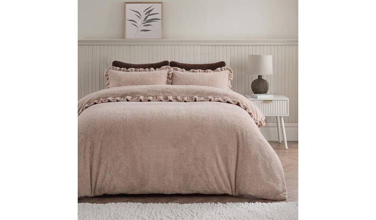 OHS Frill Teddy Fleece Natural Duvet Set -  Double