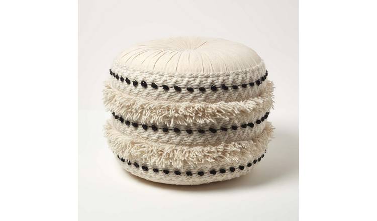 Homescapes Sahara Macrame Tufted Boho Pouffe – Cream & Black