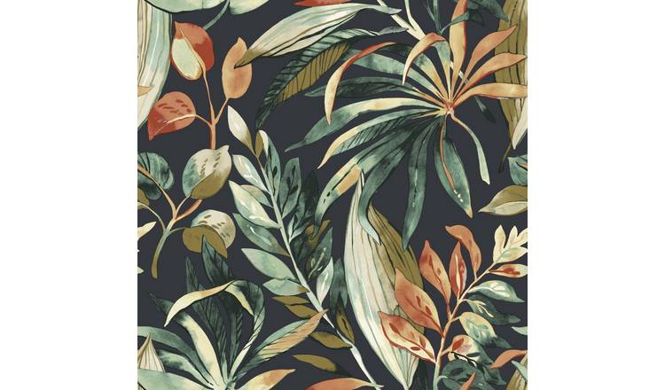 Grandeco Inky Palm Botanical Jungle Textured Wallpaper - Black Green Orange