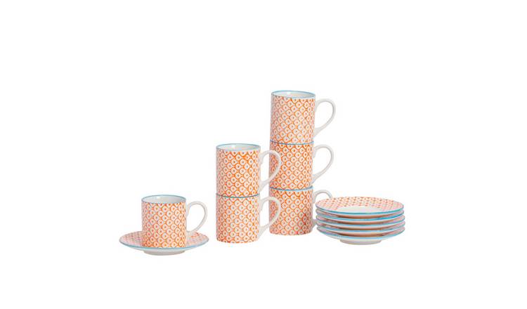 Nicola Spring 12 Piece Hand-Printed Espresso Cup & Saucer Set - 65ml - Orange