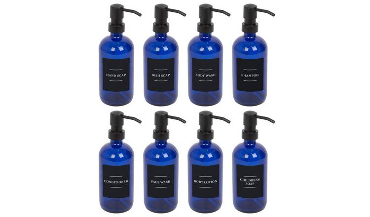 Harbour Housewares Soap Dispensers with Labels  - Blue/Black - Set of 8