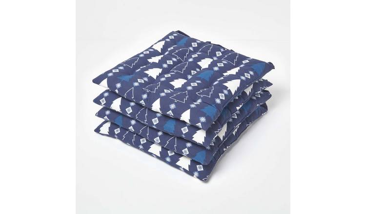 Homescapes Luxury Pack of 4 Christmas Blue Winterland Seat Pads