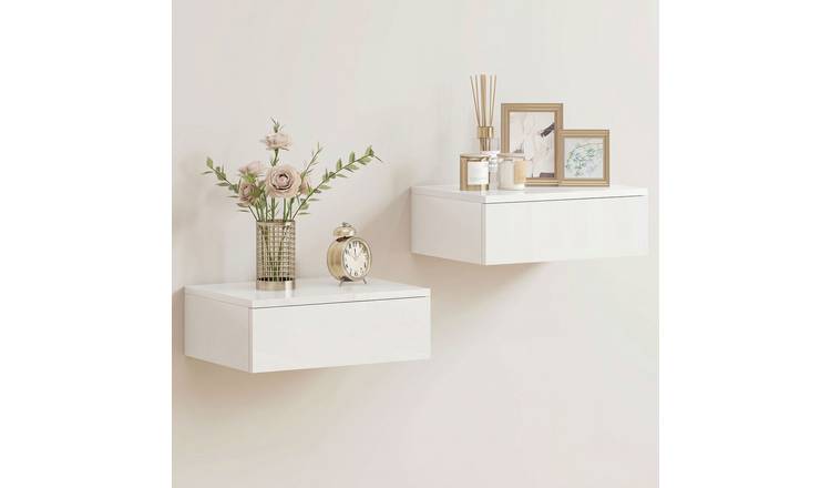 HOMCOM Set of 2 Floating Bedside Table with Storage Drawer - White