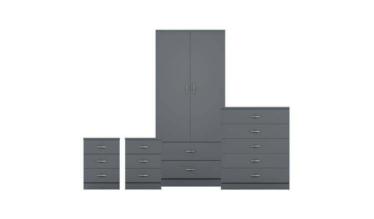 Vida Designs Riano Bedroom Set (Bedsides, 5 Drawer Chest, 2x2 Wardrobe) - Grey