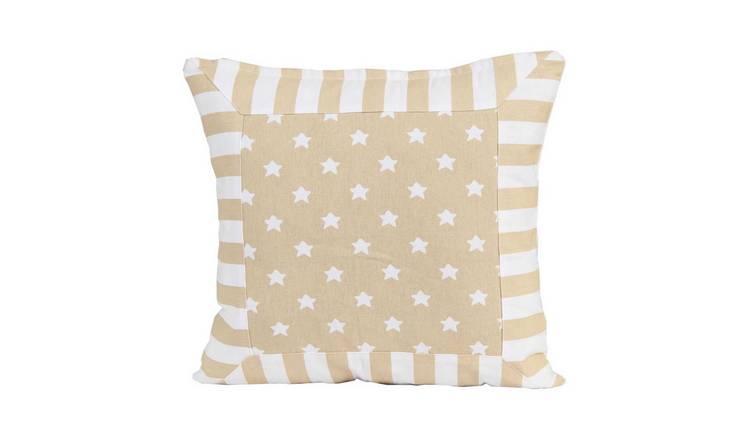 Homescapes Beige Cotton Stripe Border & Stars Cushion Cover - 45 x 45 cm