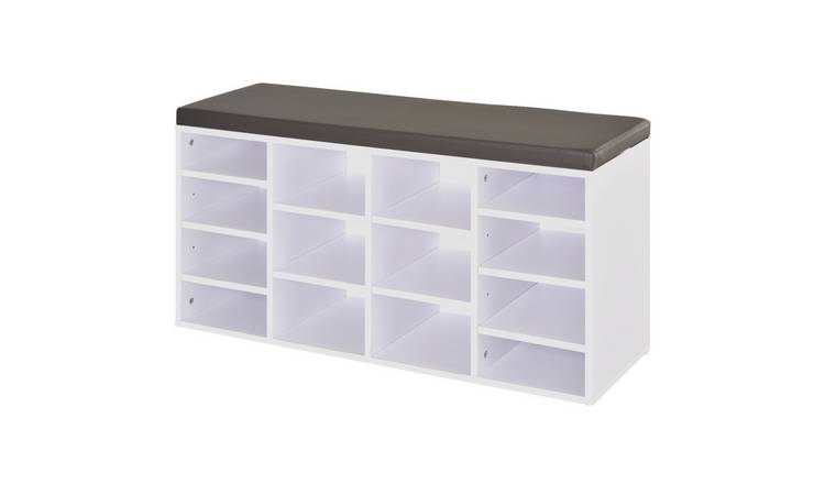 HOMCOM Shoe Bench with 14 Open Compartments and Padded Seat - White