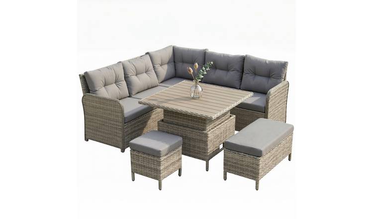 Outsunny 6 Piece 7 Seater Rattan Corner Furniture Set - Light Grey