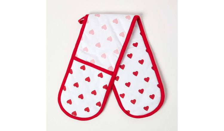 Homescapes Red Hearts Cotton Double Oven Glove