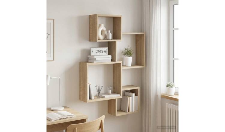 Walplus Engineered Wood Wall Cube Shelf - Light Oak - 64 x 13.5 x 91.5 cm
