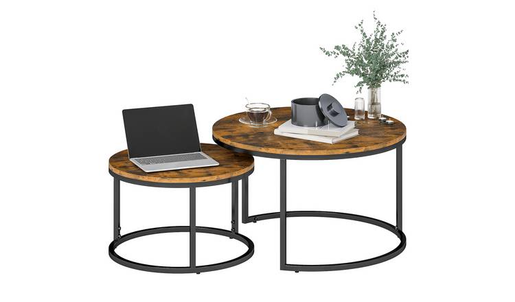 HOMCOM Set of 2 Round Coffee Table with Steel Frame - Rustic Brown