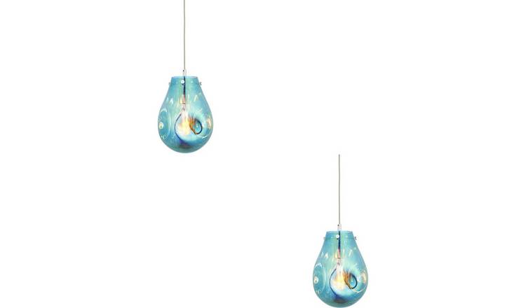 Loops Direct Set of 2 Glass and Chrome Pendant Lights - Petrol Blue Metallic