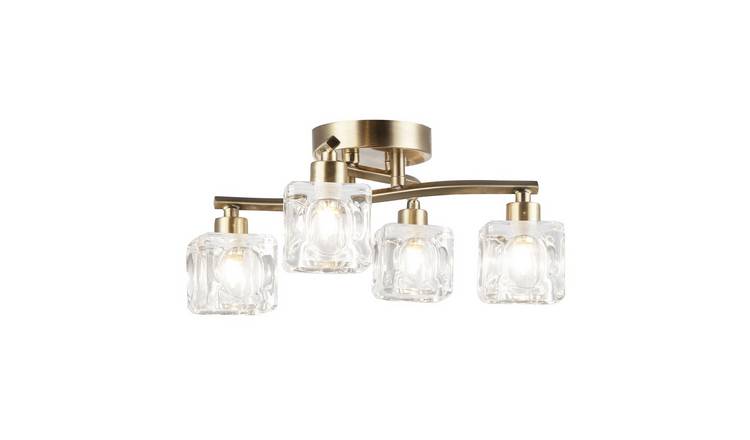Happy Homewares Antique Brass 4-Bulb with Square Clear Ice Ceiling Light - 35cm