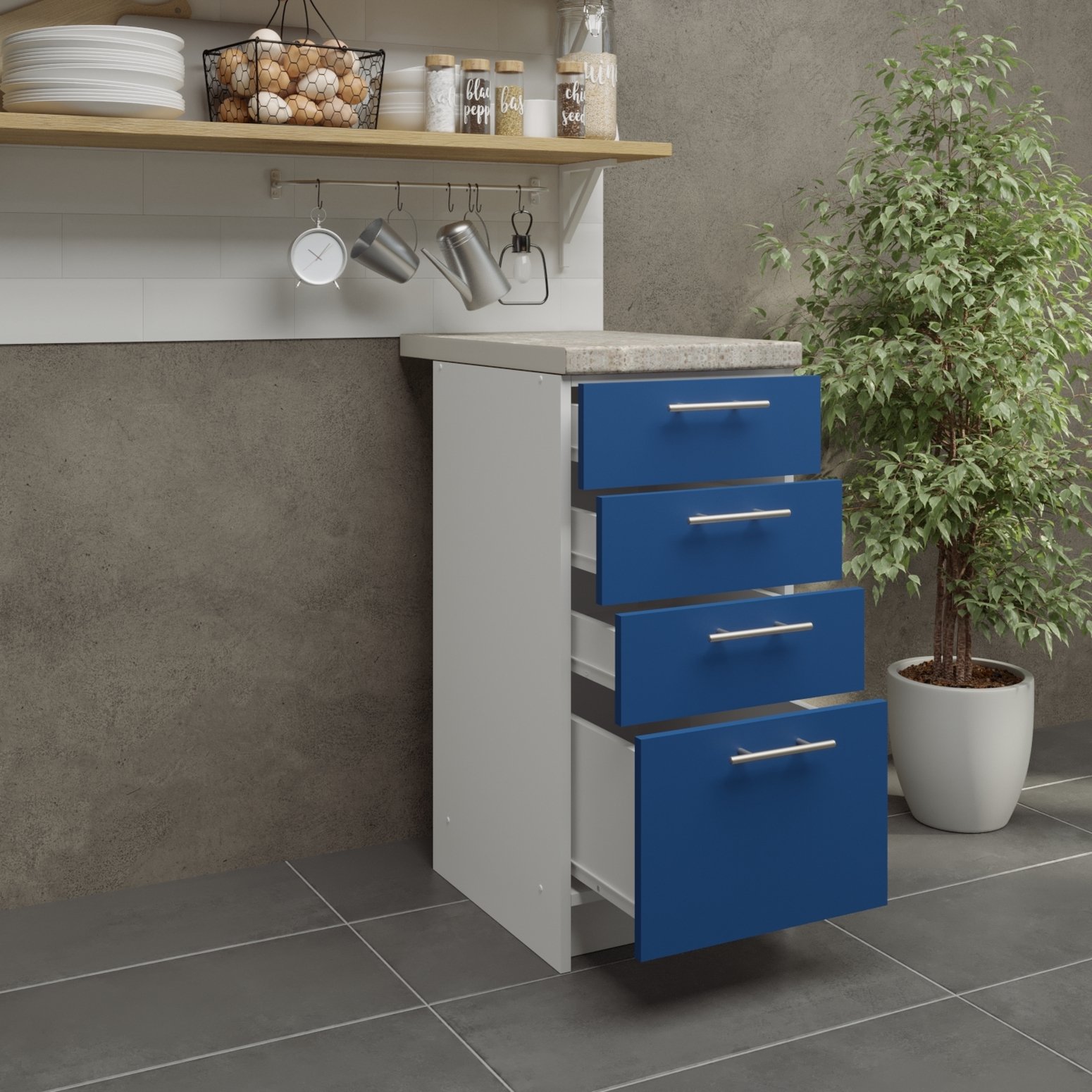JD Greta 400mm Drawer Cabinet with Drawer Fronts & Worktop - Navy Blue Matt - Image 2