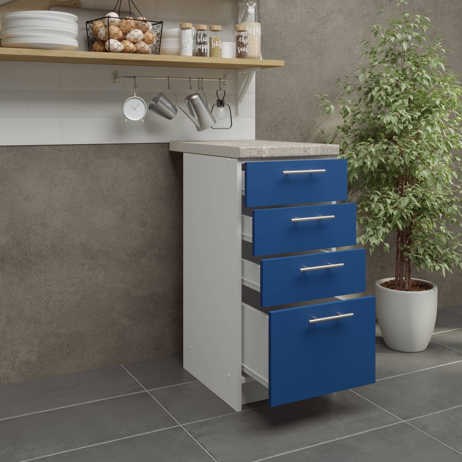 JD Greta 400mm Drawer Cabinet with Drawer Fronts & Worktop - Navy Blue Matt - Image 2