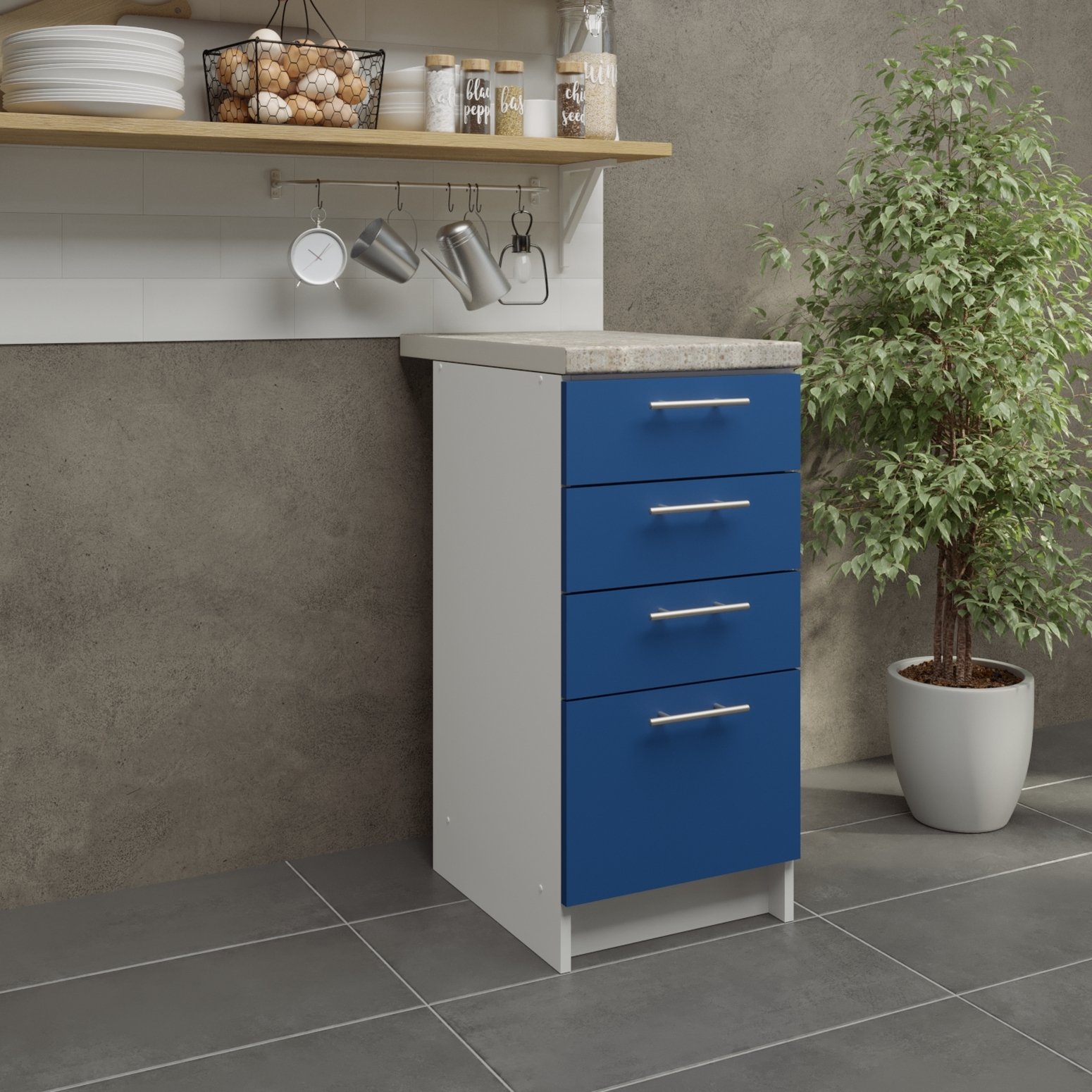 JD Greta 400mm Drawer Cabinet with Drawer Fronts & Worktop - Navy Blue Matt - Image 3