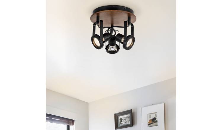Cosylyte Riverton 3 Light Matt Black Spotlight with Walnut Wooden Backplate