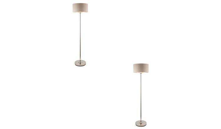 Loops Direct Pack of 2 Floor Lamp - Brushed Chrome Plate and Natural Linen