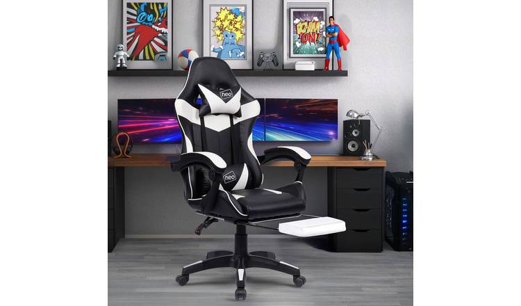 Neo Leather Massage Recliner Gaming Office Chair with Footrest - White