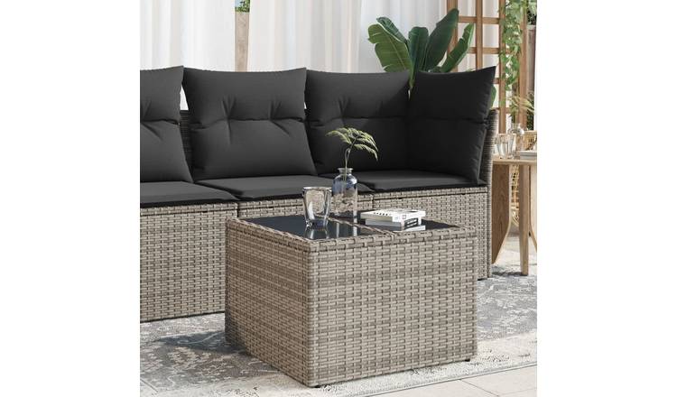 Walplus Poly Rattan Garden Table with Glass Top - Grey - 55 x 55 x 37 cm