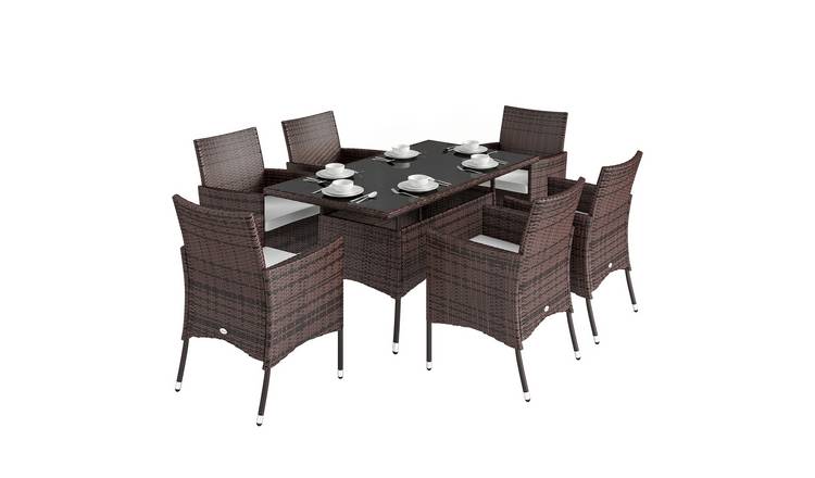 Outsunny 7 Piece 6 Seater Rattan Furniture Set with Cushions - Brown