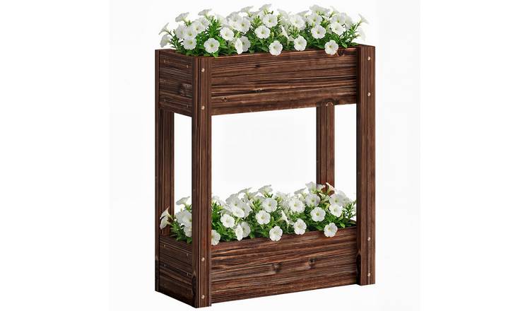Outsunny Wooden Raised Garden Bed with Drainage - Carbonised