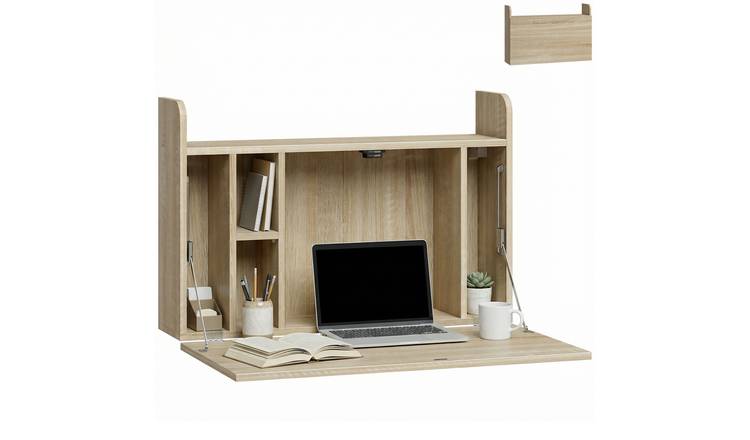 HOMCOM Floating Wall Mounted Table with Storage Shelves- Oak