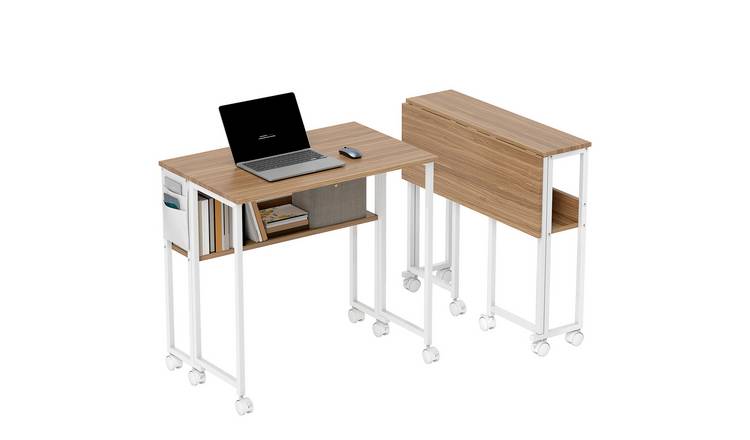 HOMCOM Foldable Office Desk with Storage Shelf - Natural Wood