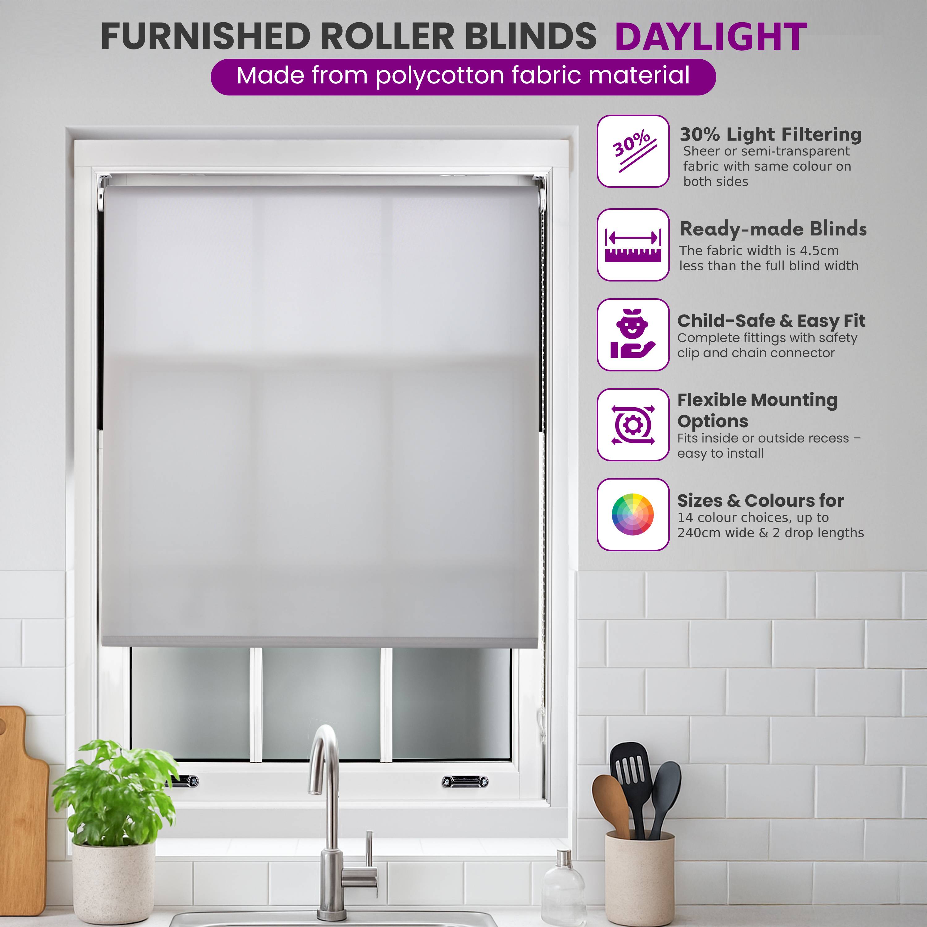 Furnished Teal Daylight Roller Blind with Square Eyelets - 60cm x 165cm - Image 3