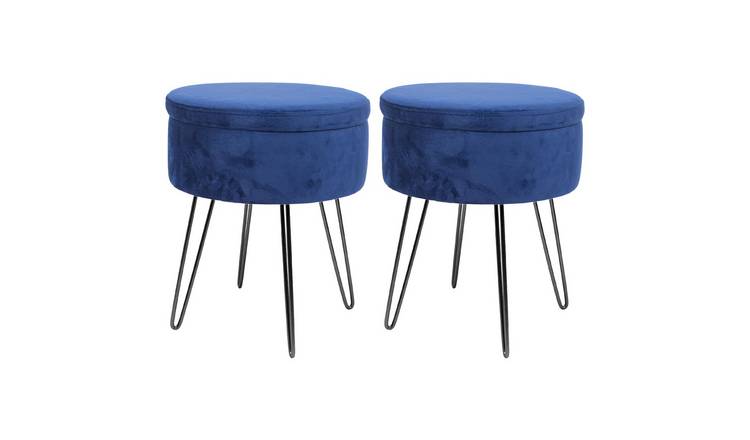 Harbour Housewares Round Velvet Storage Footstools - Blue/Black - Set of 2