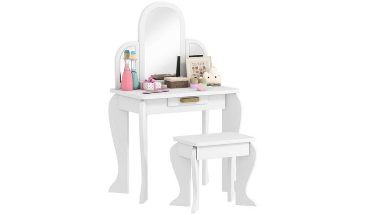 HOMCOM 2 Piece Mirror Drawer Kids Dressing Table and Stool Set - White