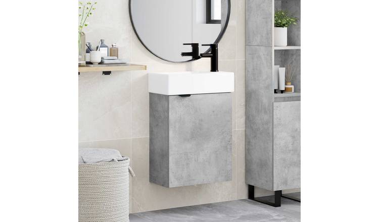 Walplus Wood Vanity Unit with Tap - Concrete Grey - 45.5 x 22.5 x 84 cm