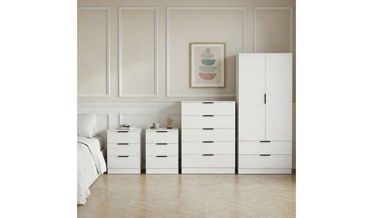 Vida Designs Trega Bedroom Set (Bedsides, 5 Drawer Chest, 2x2 Wardrobe) - White
