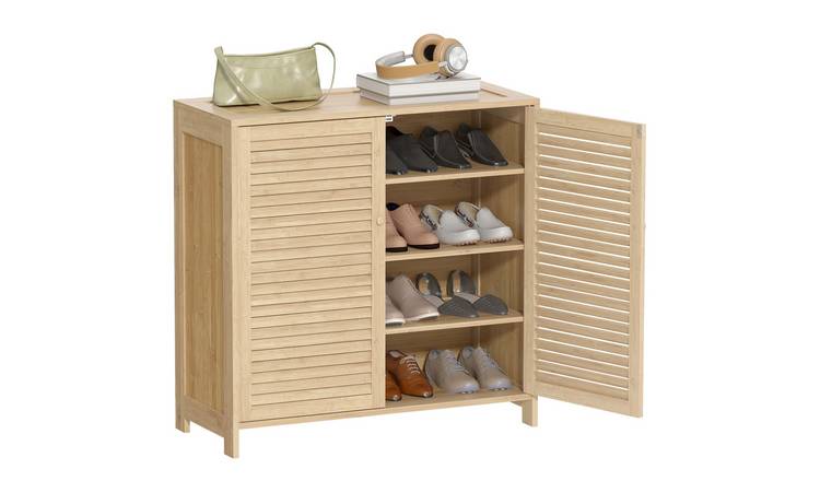 HOMCOM Bamboo Adjustable Shoe Cabinet with 2 Louvered Doors - Natural Wood