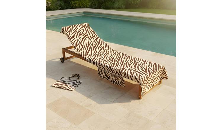 OHS Zebra Print Microfibre Beach Towel in a Bag - Brown