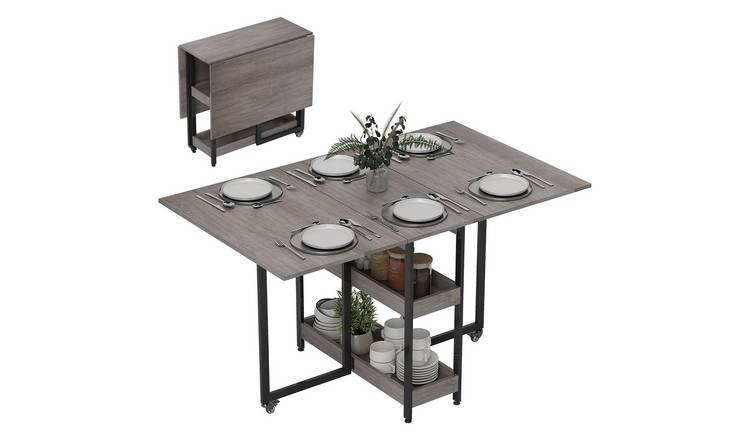HOMCOM 4 Seater Folding Dining Table with Shelves and Wheels - Grey