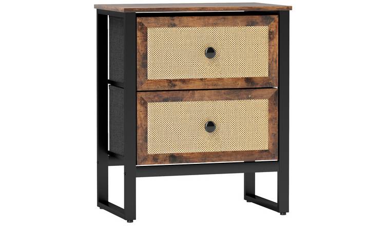 HOMCOM 2 Drawers Rattan Bedside Table with Steel Legs - Rustic Brown