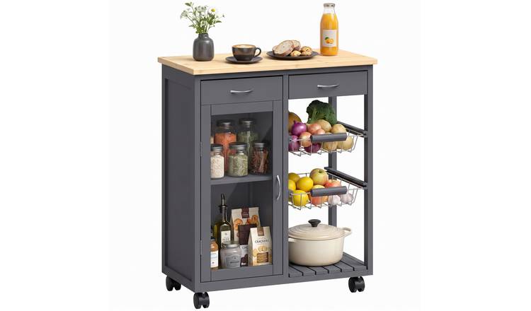 HOMCOM 2 Drawers Bamboo Kitchen Island - Grey