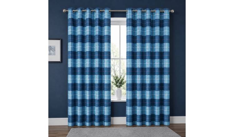 New Edge Blinds Teal Printed Check Eyelet Curtains - 117cm x 137cm